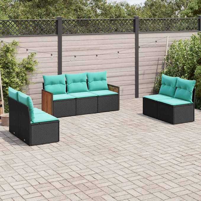 vidaXL - 7-delige - tuinbankset - met - kussens - van - zwart - polyrotan