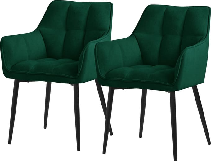 ML-Design eetkamerstoelen set van 2 gemaakt van badstof, donkergroen, keukenstoel met dikke gestoffeerde zitting & metalen poten, woonkamerstoel met rugleuning en armleuningen, gestoffeerde stoel