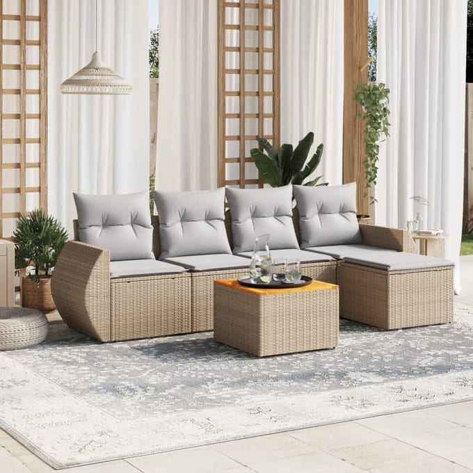 vidaXL - 6-delige - Loungeset - met - kussens - poly - rattan - beige