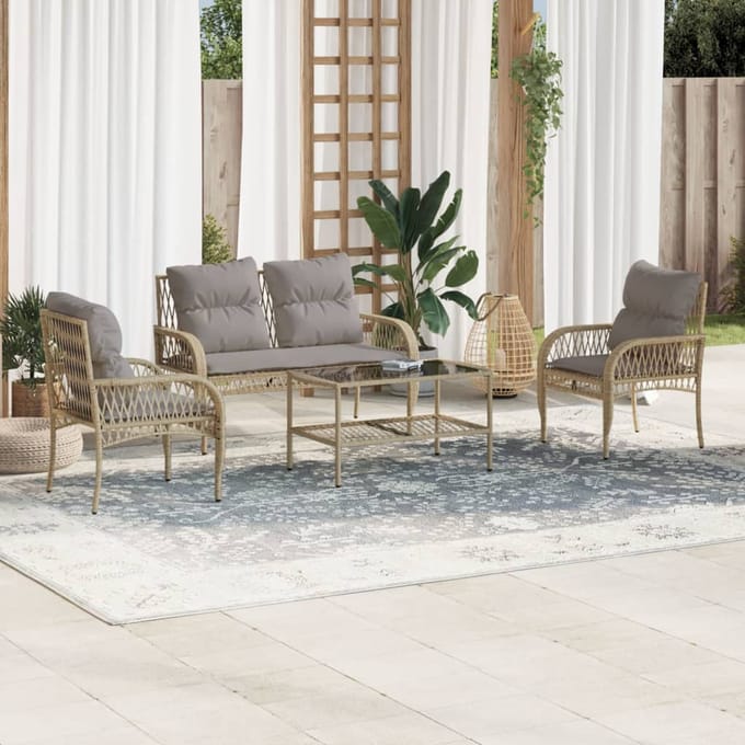 vidaXL - 4-delige - Loungeset - met - kussens - poly - rattan - beige