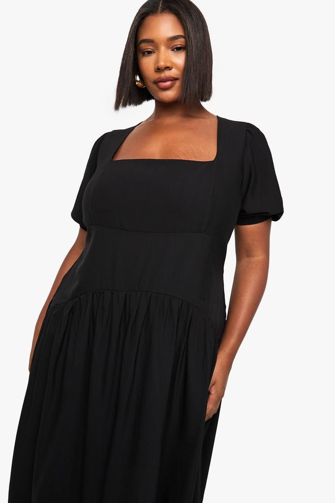 boohoo Dames Plus puffmouw maxi smock jurk | Black | Maat: 22