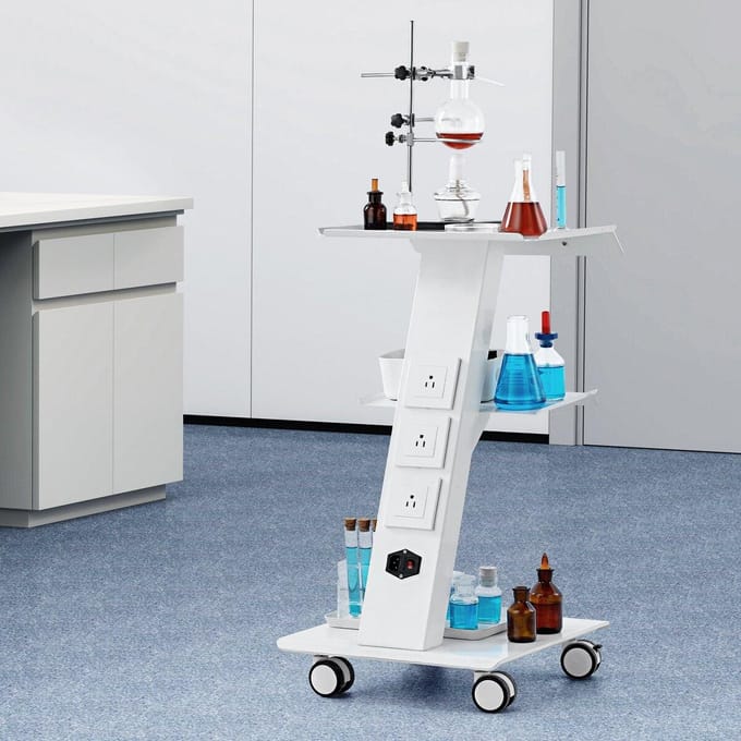 Chariot de Laboratoire Dentaire Mobile à roulettes, Chariot de Service à 3 Niveaux avec Prise