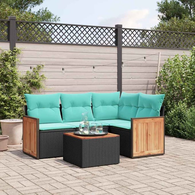 vidaXL - 5-delige - tuinbankset - met - kussens - van - zwart - polyrotan