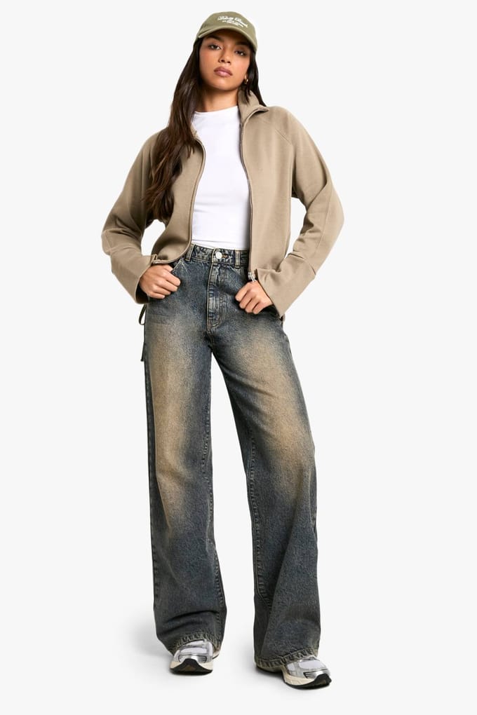 boohoo Dames Oversized Boxy Sweatshirt met Trechterkraag en Ritssluiting | Washed Khaki | Maat: Large