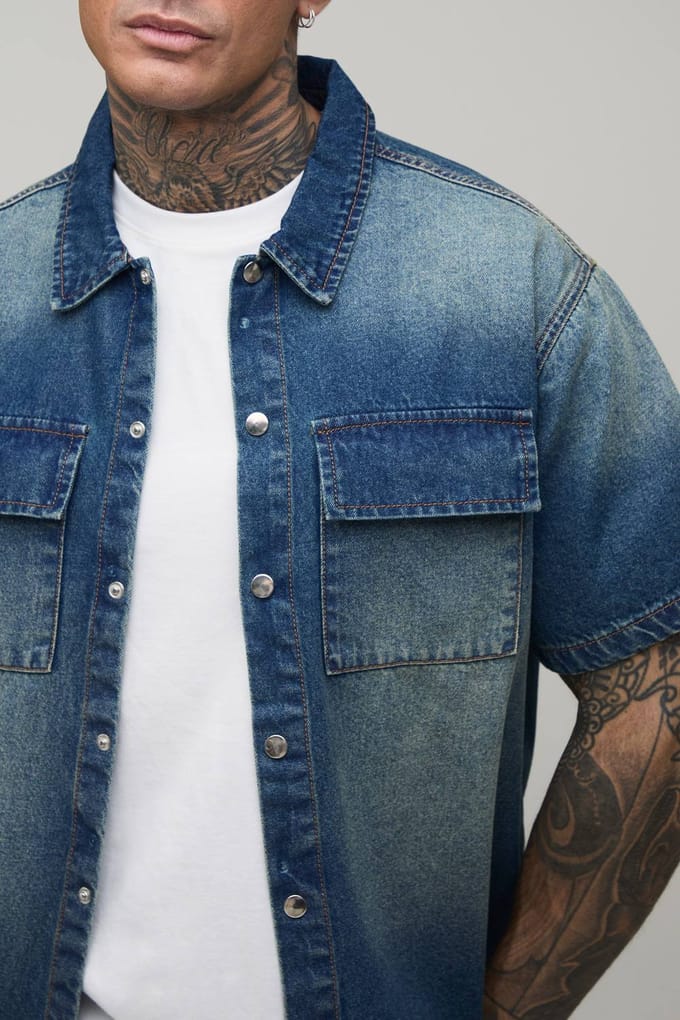 Lang Gewassen Oversized Boxy Denim Overhemd | Mid Wash | Size 2XL