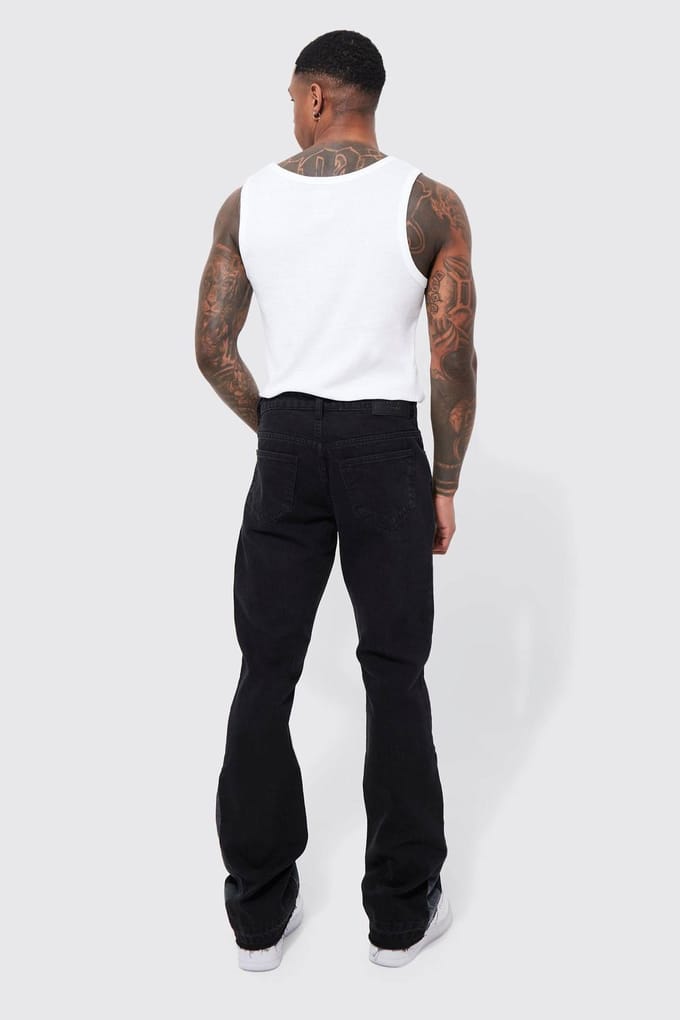 Slim Flare Applique Panel Jeans | Washed Black | Size 52R