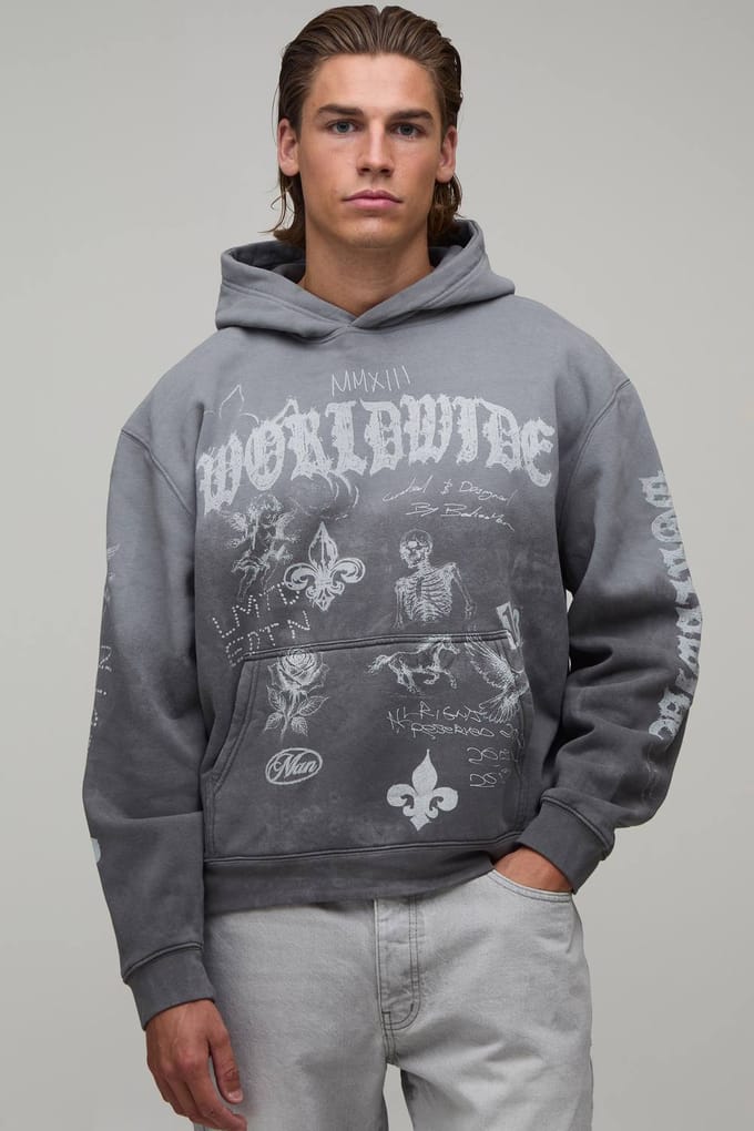 Antraciet Oversized Boxy Gothic Doodle Print Spray Wash Hoodie | Charcoal | Size Large