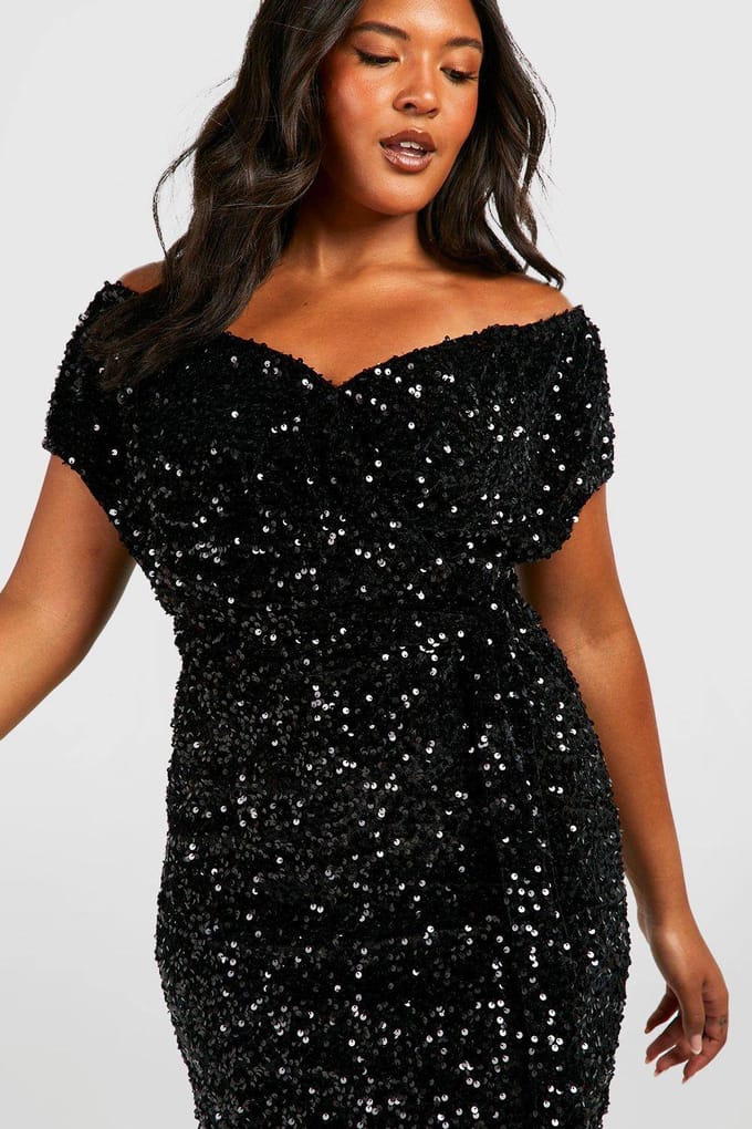 boohoo Dames Plus Pailletten Off-Shoulder Wikkel Midi Jurk | Black | Maat: 24