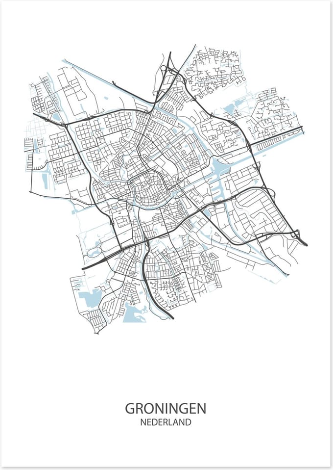 De Lange Koe Poster - Groningen Plattegrond - 42 X 29.7 Cm - Wit