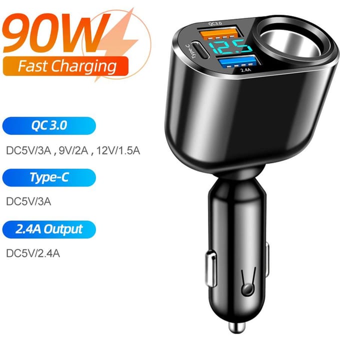 Prise de chargeur de voiture 66W PD QC3.0, séparateur de chargeur rapide, double Ports USB de Type C avec adaptateur d'alimentation à affichage LED black