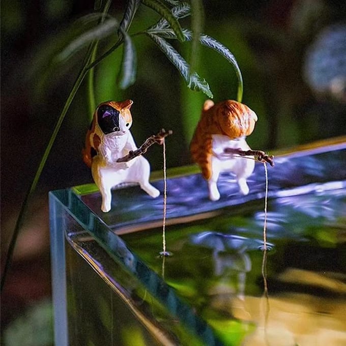 5 stuks Creatieve Kat Vissend Hars Beeldje, Schattige en Helende Aquarium Bureau Decoratie 5pcs white