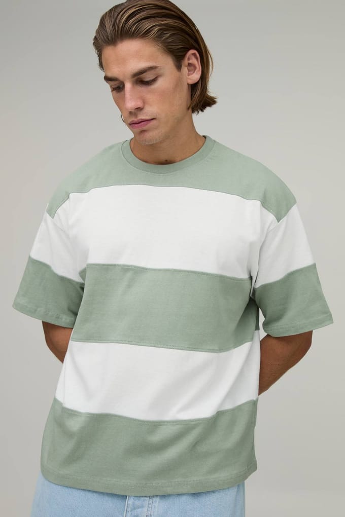 Oversized T-shirt Met Colour Block Strepen | Sage | Size Large