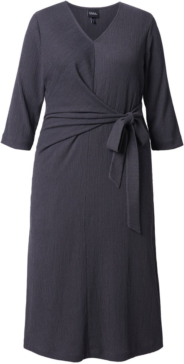 Ulla Popken - Dames - Midi wikkeljurk V-hals strikceintuur 3/4-mouw - Middengrijs melange - Maat 50+