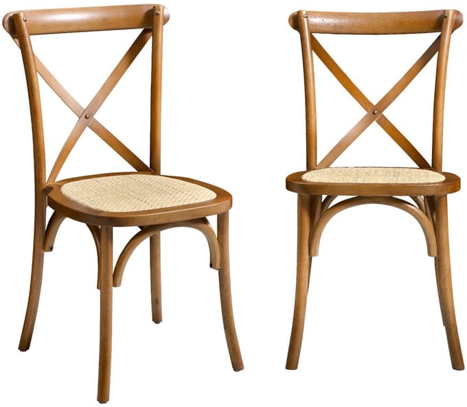 sweeek - Set van 2 vintage rubberhouten bistrostoelen, zitting van rotan, stapelbaar - belleville
