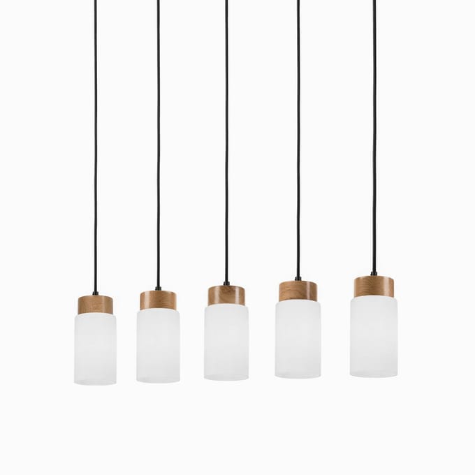 Lamkur Markus hanglamp, opaalglas/eikenhout Lengte 100 cm 5-lamps.