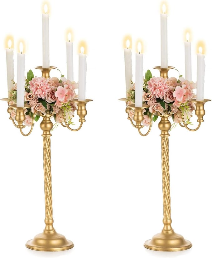 Set van 2 Grote Gouden Kandelaars voor Tafeldecoratie en Bruiloften