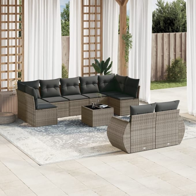 vidaXL - 10-delige - Loungeset - met - kussens - poly - rattan - grijs
