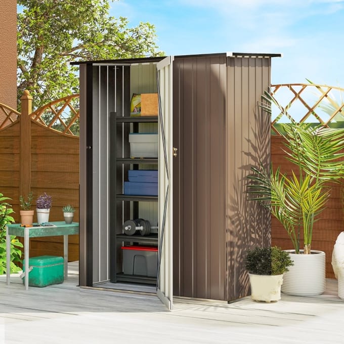 MODFU - Gereedschapsschuur - Schuin Dak - Afsluitbare Deur - Voor Tuin - Metaal - Bruin - 142 X 84 X 189 Cm