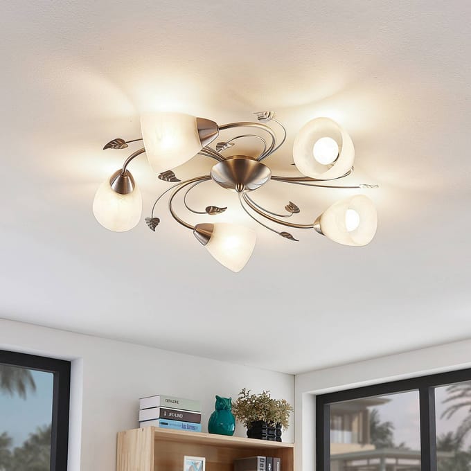 Lindby - plafondlamp - 5lichts - Metaal, glas - H: 15 cm - E14 - nikkel, wit