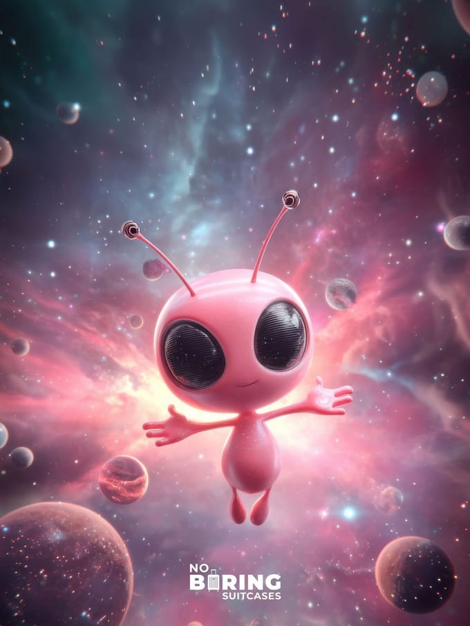 Kinderkoffer blauw - Roze Alien in Sterrennevel
