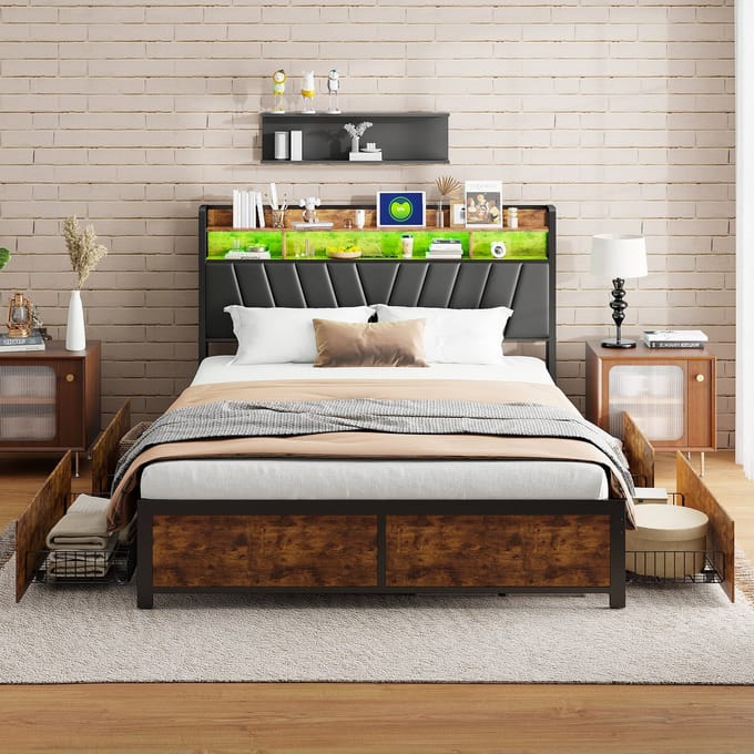 Bedframe 180x200 met Lades, LED & USB – Industrieel Bed met Metalen Frame en Opbergruimte