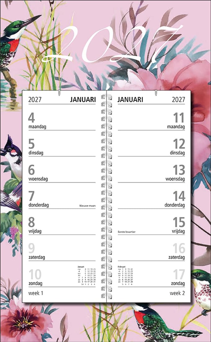 MGPcards - Omlegweekkalender 2027 - Week begint op maandag - 21 x 34 cm - Vogel & Bloem - Roze