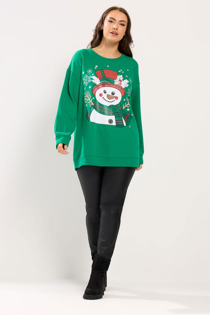 Yours Groen Sweatshirt Met Glitters En Sneeuwpop Size 54-56