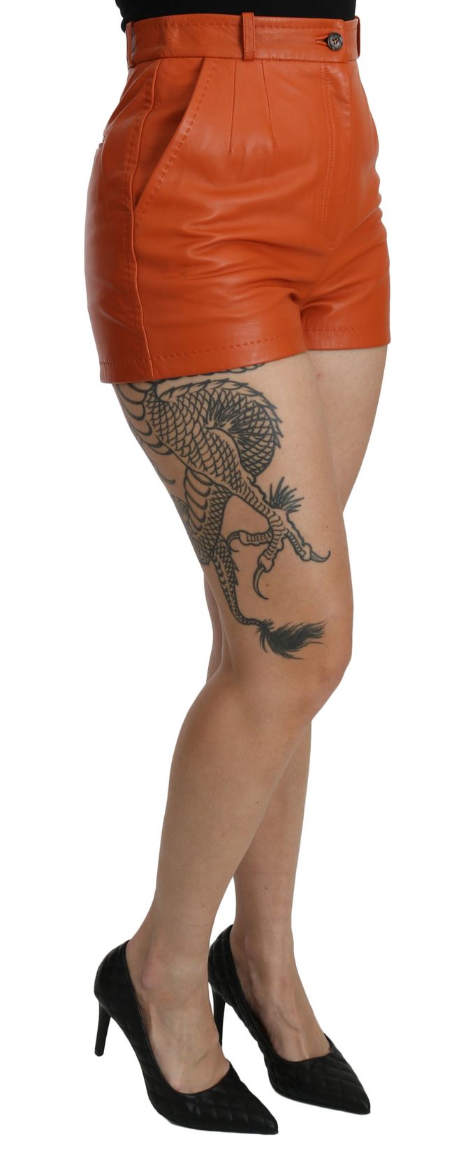 Dolce & Gabbana Dames Oranje Leren Hoge Taille Shorts