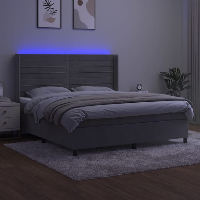 vidaXL - Boxspring - met - matras - en - LED - fluweel - lichtgrijs - 180x200 - cm