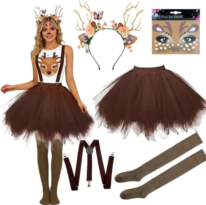 Dames Rendier Kostuum met Elastische Hoofdband, Gegraveerde Tatoeage en Tutu voor Kerst, Halloween en Carnaval