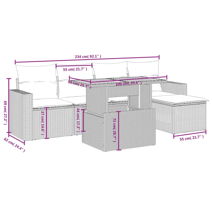 vidaXL - 6-delige - Loungeset - met - kussens - poly - rattan - beige