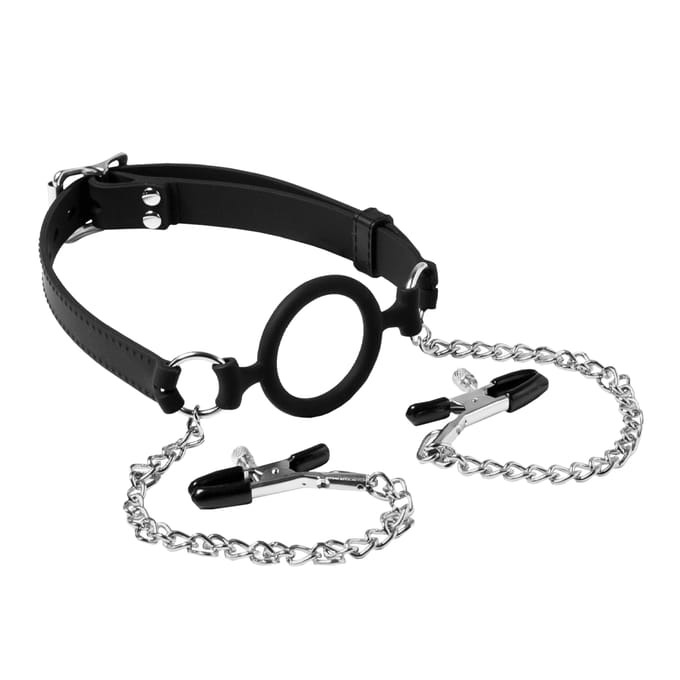 Rimba - Latex Ring Gag met Tepeiklemmen