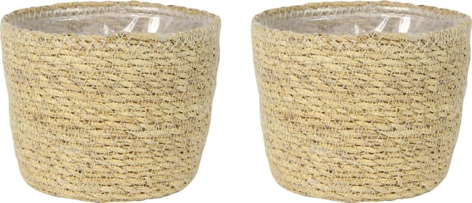 Ter Steege Plantenmand - Set van 2x stuks - zeegras - rotan - beige - 15 x 12 cm - plastic binnenkant