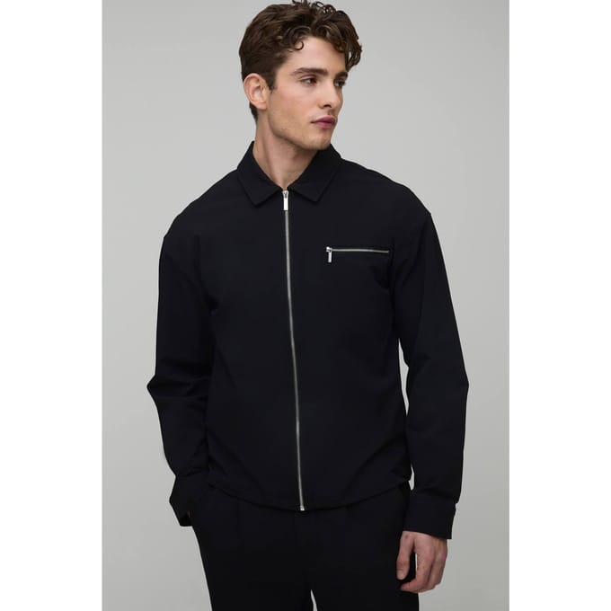 Regular Technical Stretch Zip Pocket Overshirt | Black | Size Medium