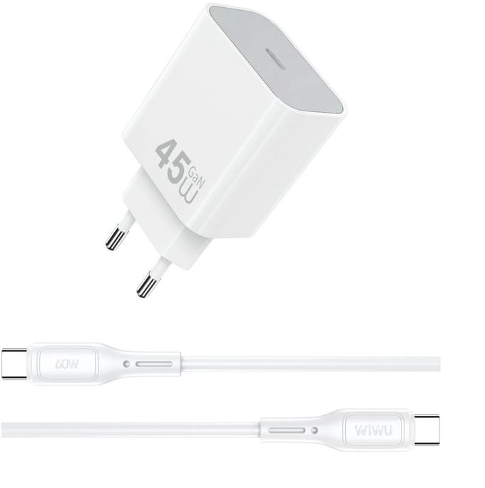 WiWU 45W snellader – USB-C oplader inclusief USB-C Kabel – Wit