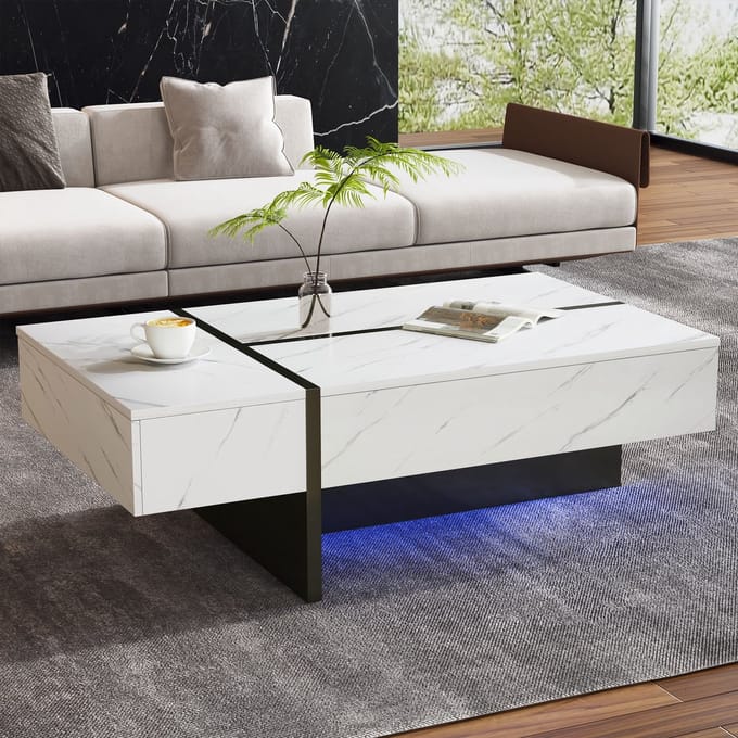 LED Salontafel - 105 x 60 x 35 cm - Wit met Marmorprint - Hoogglans Onregelmatig Ontwerp - Woonkamer Tafel - MDF - Wit