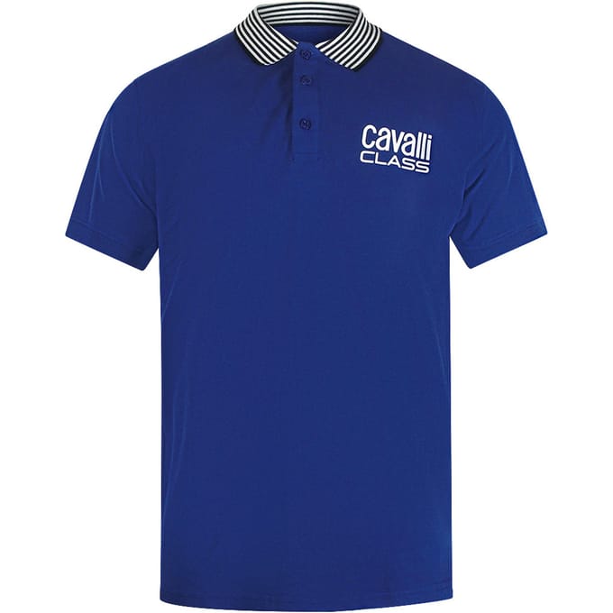 Cavalli Class Gestreepte Kraag Irisblauw Poloshirt