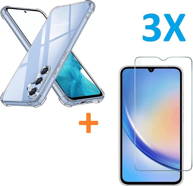 Anti-Shock silicone hoesje met 3 Pack Tempered glas Screen Protector Geschikt voor: Samsung Galaxy A34