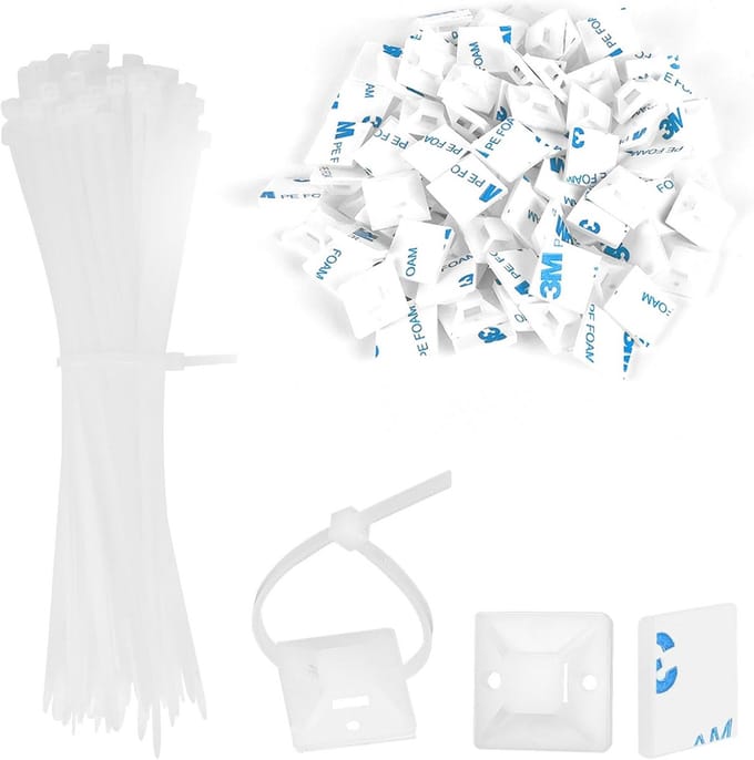 200x Zelfklevende Kabelgootjes Set - Kabelbinder Houder Met Kabelbinders Wit