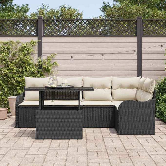 vidaXL Tuinbank Set met kussen met kussen 6 pcs Zwart Poly Riet
