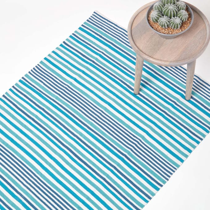 Homescapes gestreept katoenen vloerkleed blauw en wit, 90x150 cm