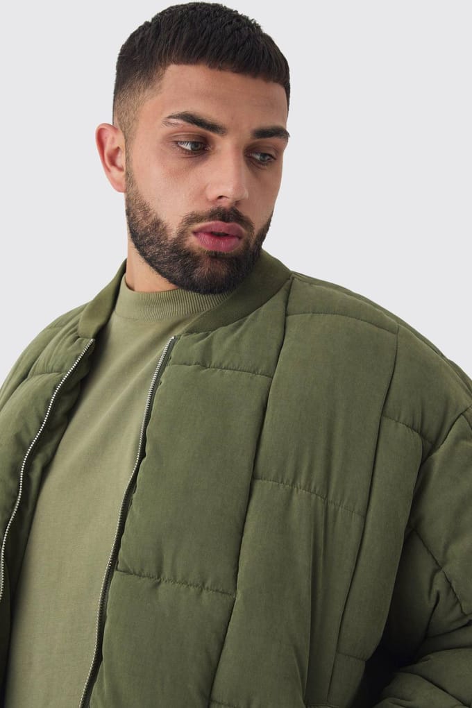Plus Boxy Peached Square Quilted Bomber Jacket | Khaki | Size 4XL