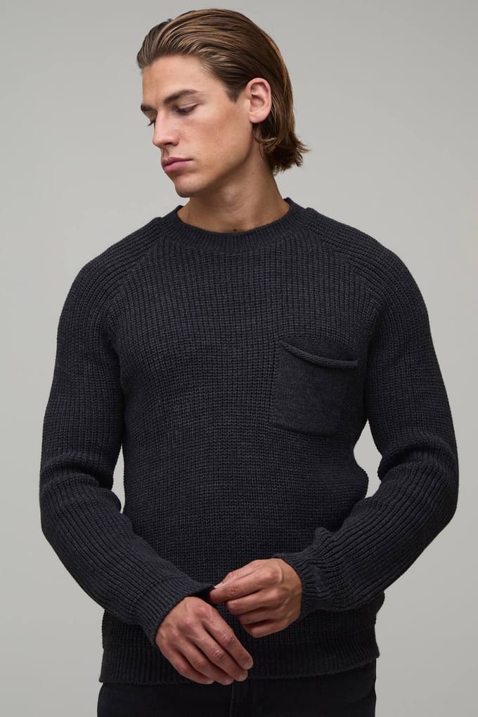 Regular Fit Raglan Geribbelde Gebreide Trui | Charcoal | Size Medium