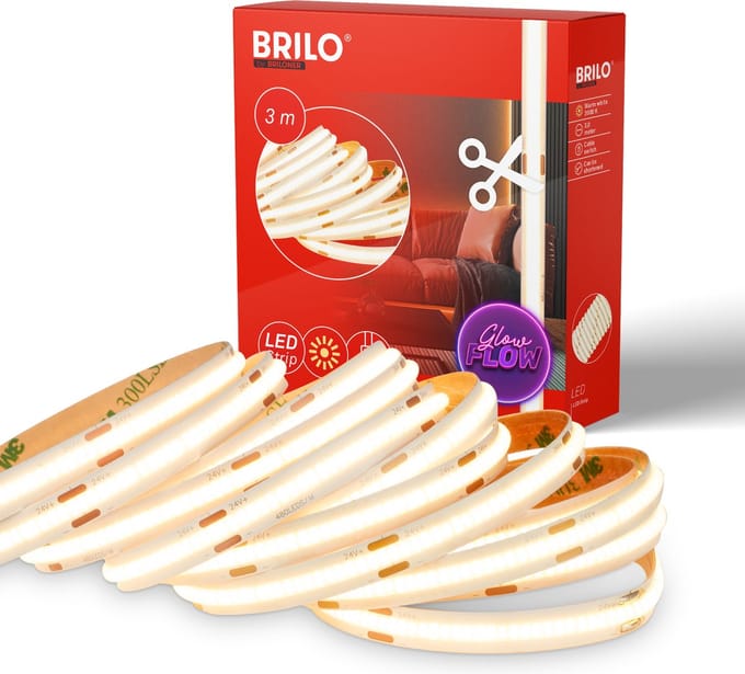 BRILONER Cob - LED Strip 3 meter - warm wit licht - zelfklevend - inkortbaar - wit