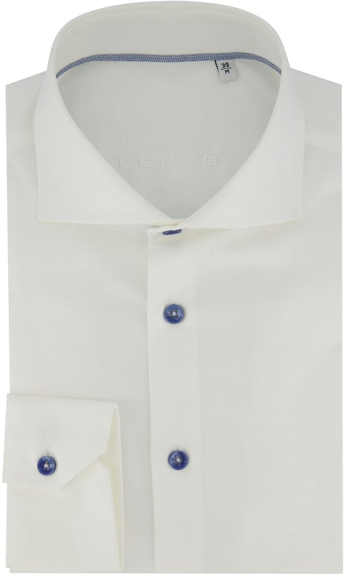 Wit Ledub Slim Fit overhemd wide spread met blauwe details