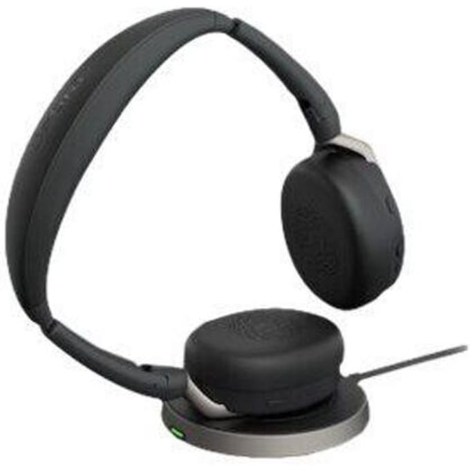 Jabra Evolve2 65 Flex Link380a MS + Ladepad On Ear headset Bluetooth Stereo Zwart Noise Cancelling Headset, Microfoon uitschakelbaar (mute),