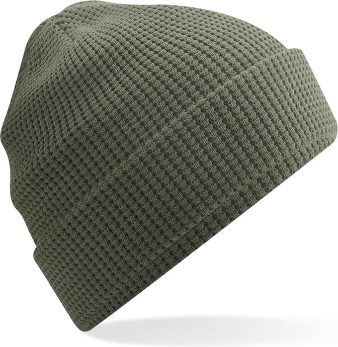 Heren Beanie Wintermuts wafelstructuur olijf groen 100% biologisch katoen