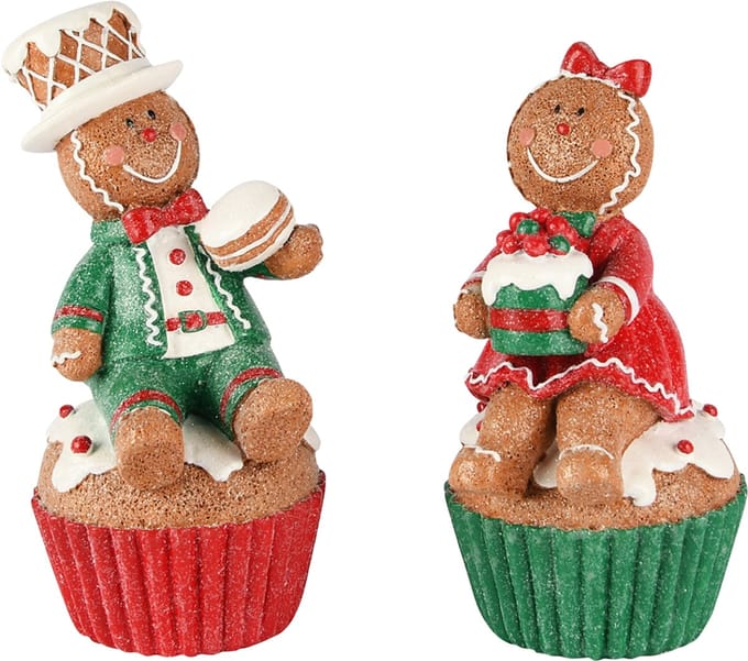 Viv! Christmas Kerstbeeld - Gingerbread Cupcakes - set van 2 - rood groen - 16cm