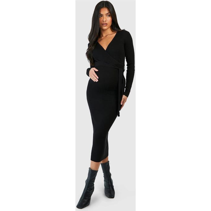 boohoo Dames Maternity Knitted Wrap Midi Dress | Zwart | Maat: 44