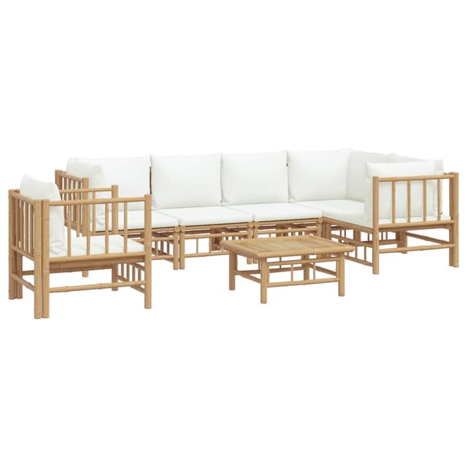 vidaXL - 7-delige - Loungeset - met - kussens - bamboe - crèmewit